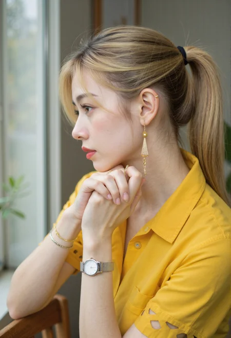 A woman with blonde hair pulled back into a ponytail is positioned in the right side of the frame, facing towards the left, with her hands clasped near her face. She has light skin, visible eyelashes with mascara, and dark pink lipstick. She is wearing a yellow collared shirt with short sleeves that have a decorative cutout pattern near the hem. On her left wrist, she wears a silver watch with a white face and a mesh band, along with a silver chain bracelet. A large, dangling gold earring is visible on her left ear. A gold hair tie is seen holding her ponytail. The background is blurred, showing a window on the left with a white frame and hints of green and brown on the wall behind her. The bottom of a wooden chair is visible in the lower part of the image. A ring is visible on her left ring finger.