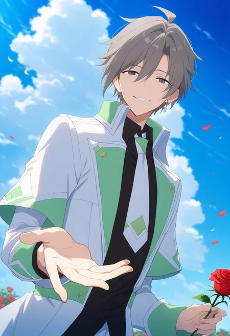 <lora:Takuma_Seiya>,seiya kibakura,flower,rose,1boy,male focus,red flower,holding flower,red rose,necktie,holding,smile,sky,cloud,day,white-green layered sleeves coat,white necktie,coat,blue sky,outdoors,outstretched hand,black shirt,shirt,white-yellow-green necktie,masterpiece,high score,great score,absurdres,