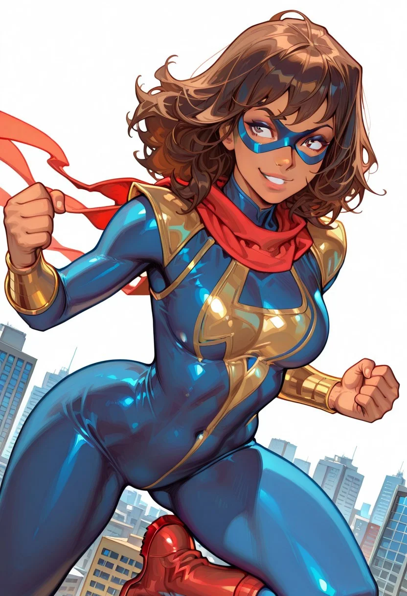 masterpiece, best quality, amazing quality, very aesthetic, absurdres, highres, newest, ledspac, mmkamalakhan, 1girl, solo, brown hair, medium hair,domino mask, smile, dark skinned female, blue bodysuit, lightning symbol, red scarf, gold pauldrons, gold bracers, red and gold boots, superhero fighting stance, smug expression, white background, rim lighting, dynamic angle, open sky, city skyline