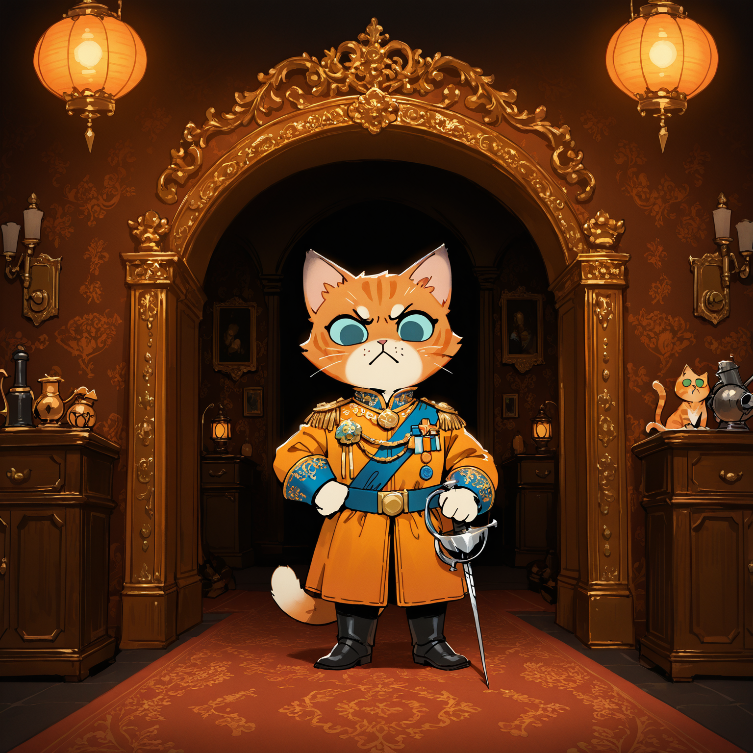 ROOT, orange cat,inside luxurious castle , solo, close to viewer , marquis, cunning, dynamics,:<, deep colors, male,very angry, rich colors, detailed, <lora:ROOT-000008:1.0>, best composition, eyes, standing, rich clothes, posing, medals, detailed background, rich furniture, lanterns, rapier, dark, detailed fur, luxurious paintings on walls, smug
