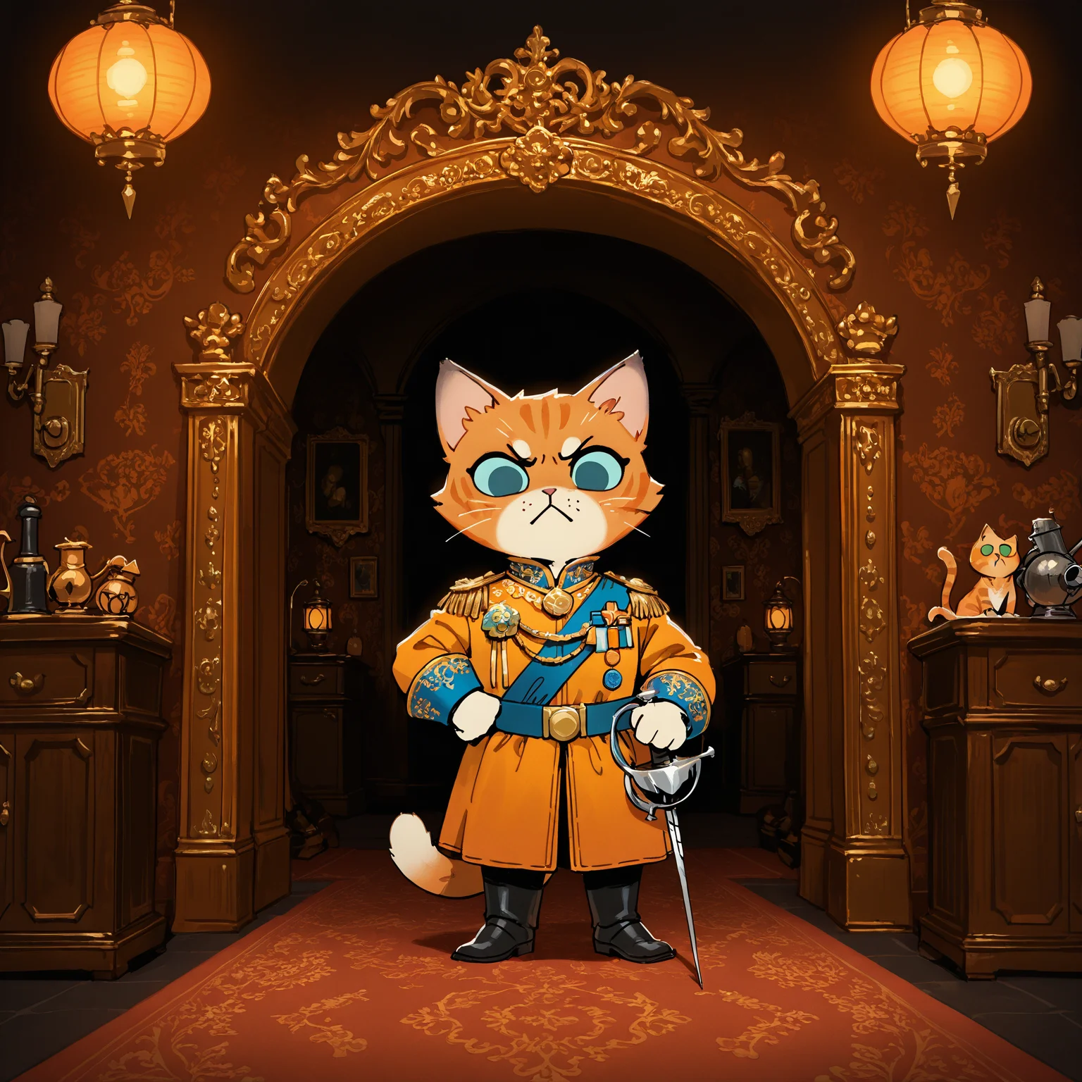 ROOT, orange cat,inside luxurious castle , solo, close to viewer , marquis, cunning, dynamics,:<, deep colors, male,very angry, rich colors, detailed, <lora:ROOT-000008:1.0>, best composition, eyes, standing, rich clothes, posing, medals, detailed background, rich furniture, lanterns, rapier, dark, detailed fur, luxurious paintings on walls, smug