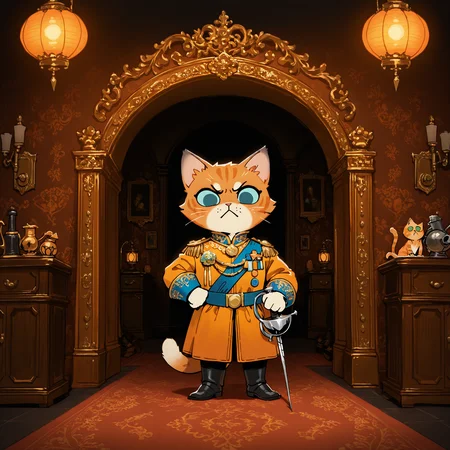 ROOT, orange cat,inside luxurious castle , solo, close to viewer , marquis, cunning, dynamics,:<, deep colors, male,very angry, rich colors, detailed, <lora:ROOT-000008:1.0>, best composition, eyes, standing, rich clothes, posing, medals, detailed background, rich furniture, lanterns, rapier, dark, detailed fur, luxurious paintings on walls, smug