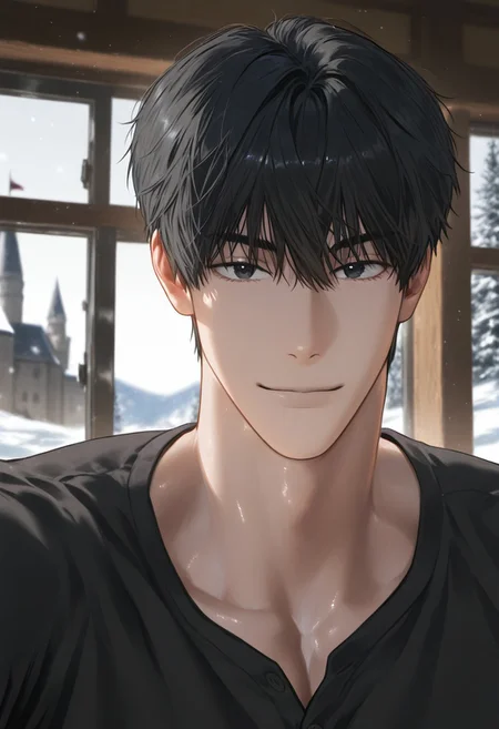 //General, masterpiece,best quality,amazing quality, source_anime, intricately detailed illustration, very aesthetic, absurdres, newest, anime coloring, subsurface scattering, , natural lighting, Expressiveh, detailed skin, shiny skin,aesthetics light, depth of field, vibrant colors,
//Fashion, black shirt, long sleeves,
//Background, castle interior, indoors, snow background outside the window,
//Others, 1boy, male focus, solo male, manly body,
//Action, looking at viewer, light smile, close up, upper body,
BREAK,
yoon jay, black hair, black eyes