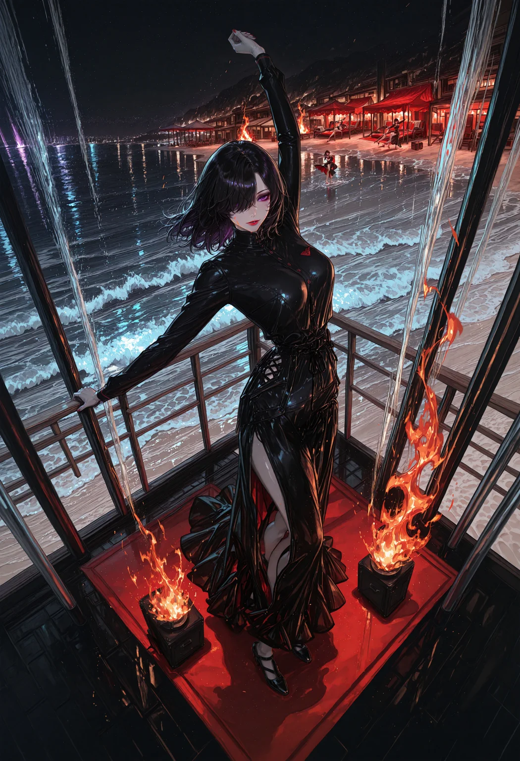 1girl, solo, dynamic pose, (black hair, pale skin, purple eyes, hair over one eye, medium hair, medium breasts, red lipstick,), ((great anatomy, correct anatomy, tall female, midoriL, (aged_up:1.3))), 

1rregular_b0, hyperdetailed_bg, abstract_background, su22eal_bg, full_bg, (isometric), loaded_interior, beach, night, dancing, fire show, fire, torches, dynamic dance, (detailed background), (from above, eye level), 

((best quality, absurdres, amazing quality, HD, intricate, ultra-detailed, newest, visual impact, very aesthetic, high contrast)), 4K, detailed facial features, detailed clothing features, detailed texture