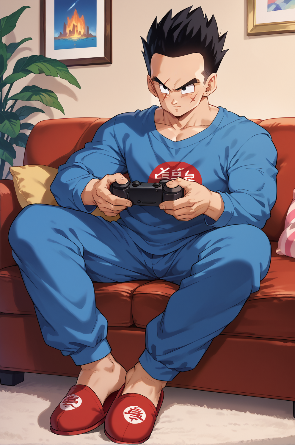 score_9, score_8_up, score_7_up,yamcha,1boy,solo,aged up,muscular male, black hair, black eyes,short hair, hair slicked back,scar across eye, sitting, indoors, couch, holding gamepad, full body, looking ahead,on couch,red slippers,blue pajamas,blue top, long sleeves, (from the side:0.6), <lora:YamchaPony:1>