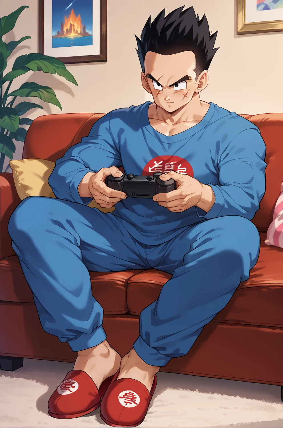 score_9, score_8_up, score_7_up,yamcha,1boy,solo,aged up,muscular male, black hair, black eyes,short hair, hair slicked back,scar across eye, sitting, indoors, couch, holding gamepad, full body, looking ahead,on couch,red slippers,blue pajamas,blue top, long sleeves, (from the side:0.6), <lora:YamchaPony:1>