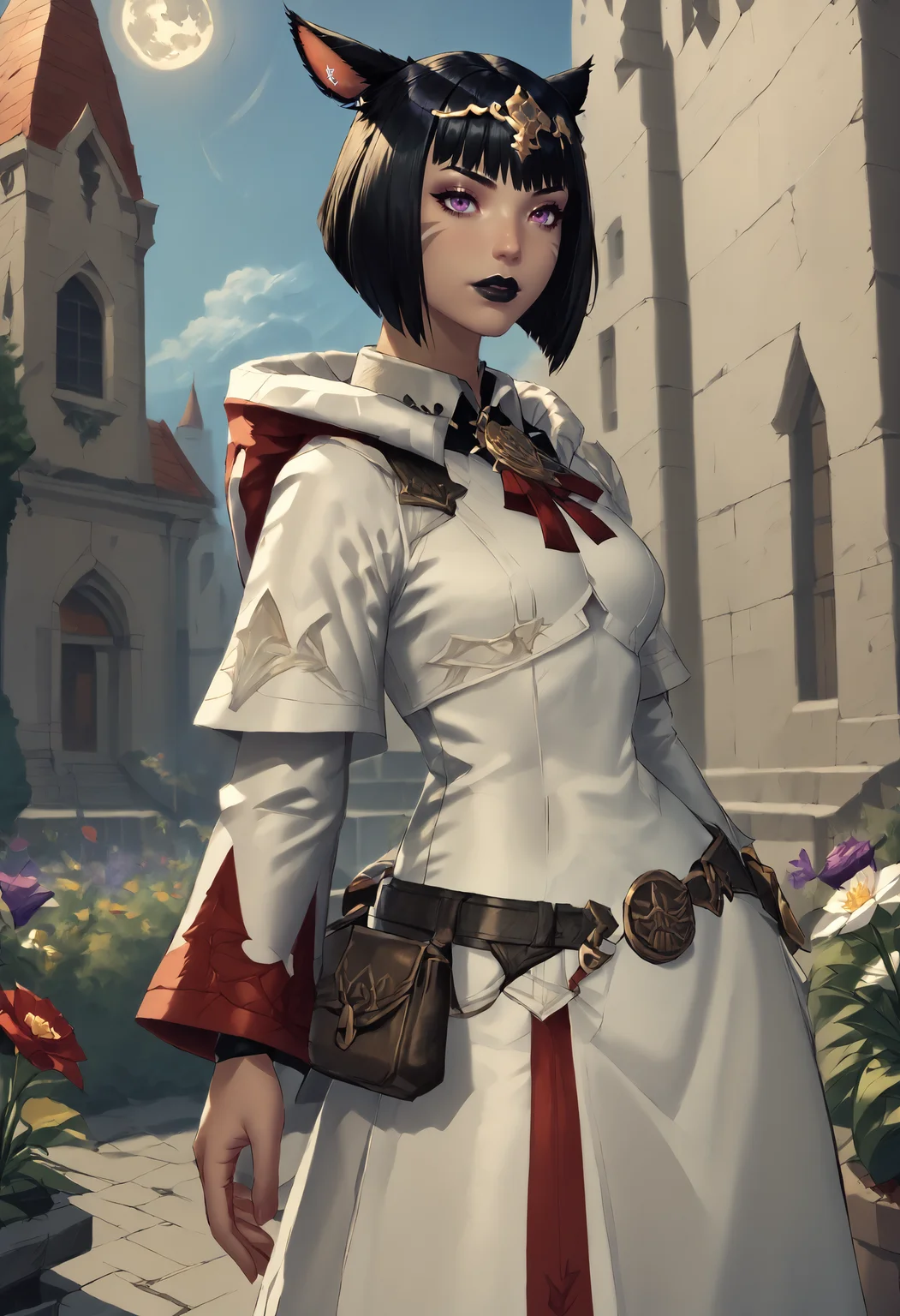 score_9, score_8_up, score_7_up, zPDXL2, <lora:RealisticAnime:1> (ultra realistic, 32k, masterpiece:1.2), (high detailed skin:1.1), (high quality:1.1),  1girl, solo, garden, church, night, full moon, 
BREAK white mage, boots, belt, hood, pouch, robe, belt pouch, circlet <lora:White_Mage:1>
BREAK  <lora:Armet_Daraco_Dawntrail:1> armetdaraco, dark-skinned female,  miqo'te, black lipstick, short hair, bob cut,  black hair, mole under eye, facial mark,  heterochromia, purple eyes, red eyes, tail,