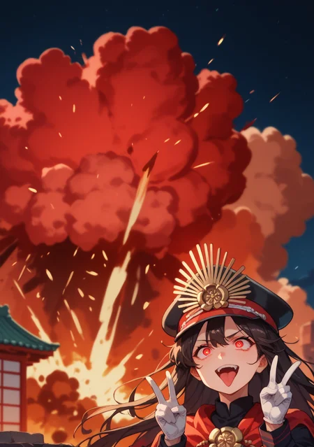 score_9, score_8_up, score_7_up, source_anime,high detail, detailed face,1girl,long hair, black hair, red eyes, peaked cap, military uniform, cape, jewelry, white gloves <lora:Nobunaga:1>,depth of field,glowing eyes,
BREAK ahebomb,night,explosion,big explosion,upper body,(Japanese temple:1.2),desert, <lora:ahebomb_pony:1>,double v,