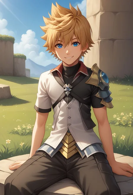 score_9, score_8_up, source_anime, highly detailed, 1boy, solo, male_focus, slender, skinny,
ventus, solo, 1boy, blue eyes, male focus, spiked hair, armor,
looking at viewer, shoulder armor, hair between eyes, blonde hair,
short hair, smile, happy,
outdoor, sit, sit on ground,
