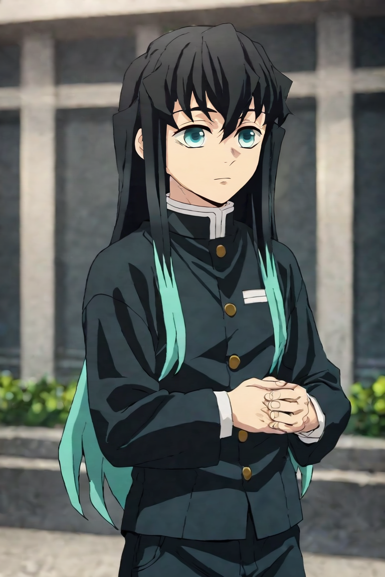 score_9, score_8_up, score_7_up, score_6_up, score_5_up, score_4_up, BREAK source_anime, anime screencap, anime coloring, , , upper body, depth of field, 1boy, solo, male focus, <lora:muichirou_tokitou_pony:0.84>, muichirou_tokitou, black hair, aqua eyes, long hair, bangs, aqua hair, multicolored hair, hair between eyes, sidelocks, two-tone hair, , pants, , The Tower of Oblivion: A stronghold where forgotten secrets and dark magic are hidden, Hands on the stomach, suggesting nervousness or discomfort, <lora:sdxl_lightning_8step_lora:1>