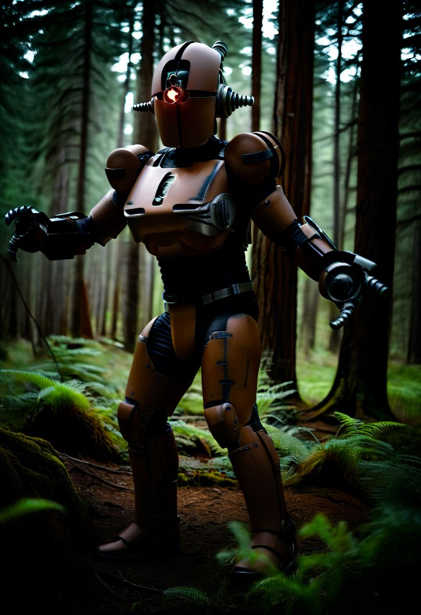 easynegative, extremely detailed, dark, chiaroscuro, low-key, AssaultronCosplay, zavy-strps, a brown assaultron robot, ((the assaultron has black stripes painted on its armor)), ((tiger stripe pattern)), in the forests of Oregon