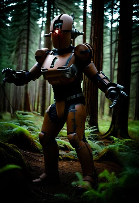 easynegative, extremely detailed, dark, chiaroscuro, low-key, AssaultronCosplay, zavy-strps, a brown assaultron robot, ((the assaultron has black stripes painted on its armor)), ((tiger stripe pattern)), in the forests of Oregon