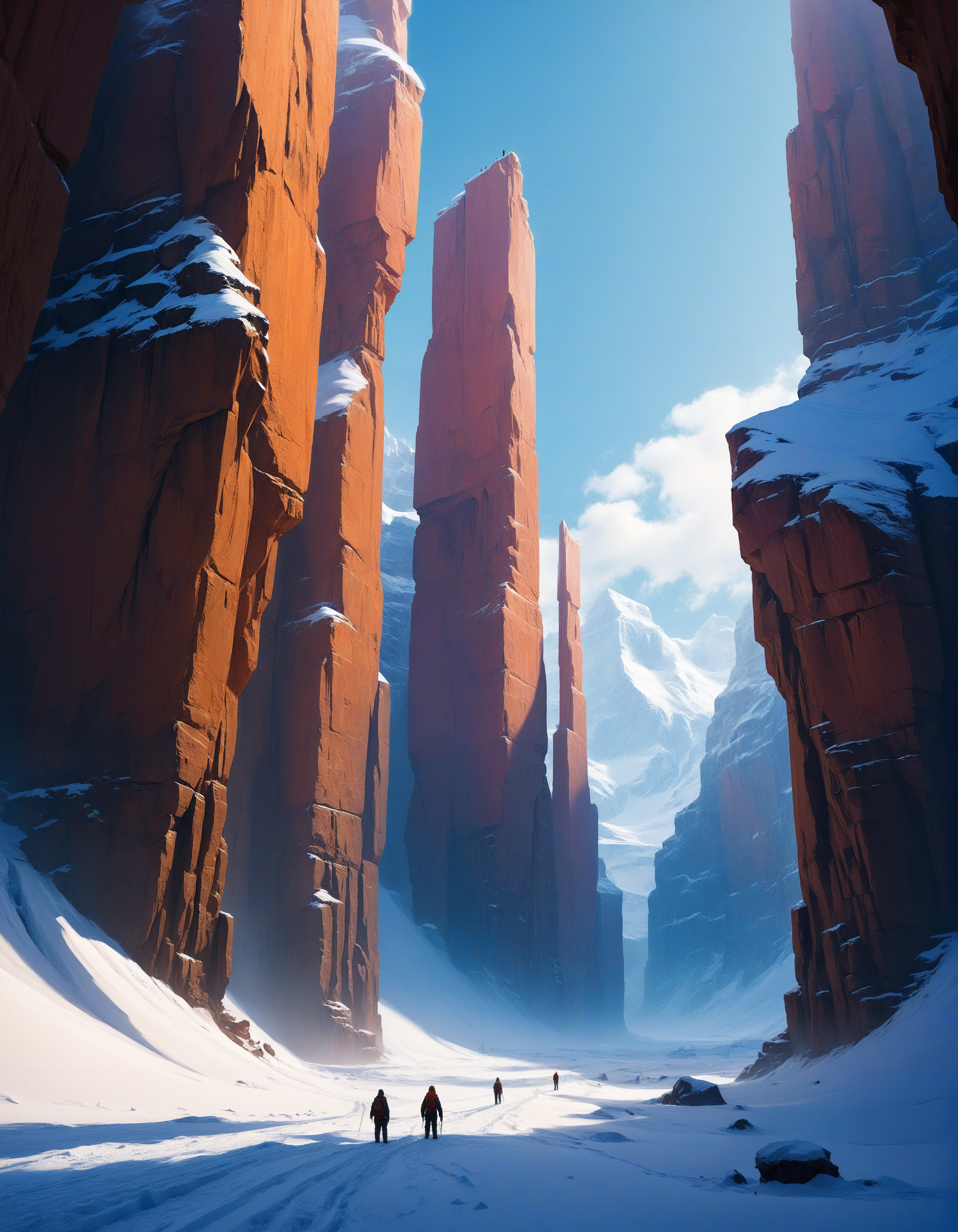 a couple of people that are standing in the snow, inspired by Christopher Balaskas, giant towering pillars, canyon, by rainer hosch, nicolas bouvier sparth, in an epic valley, traverse, pascal blanche, dune, monoliths, arctic, looking at viewer, dynamic pose, (intricate details, masterpiece, best quality:1.4)
<lora:add-detail-xl:0.5> <lora:xl_more_art-full_v1:0.5> <lora:looking_at_viewer:2>