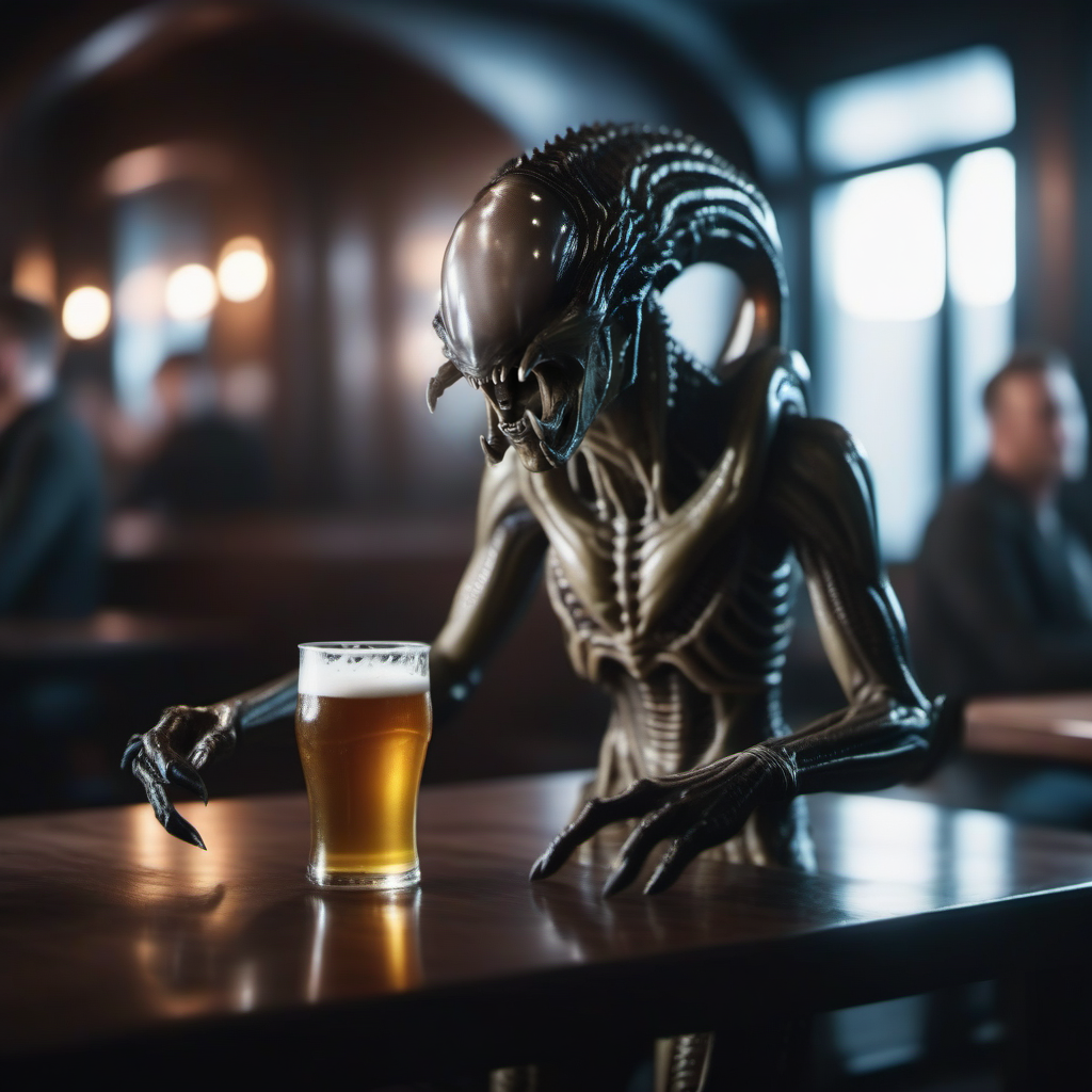 an alien, full body, having a beer in a pub  <lora:Predalien1024:0.7>