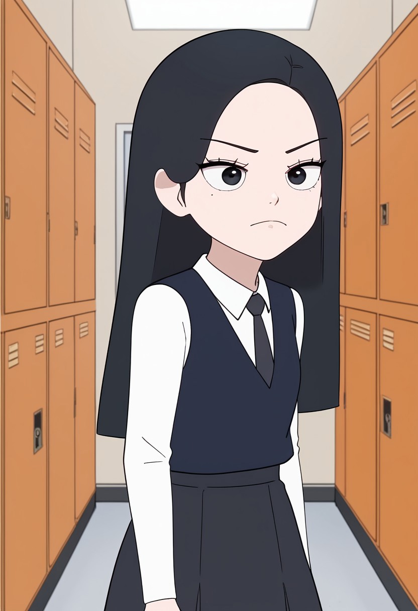 score_9, score_8_up, score_7_up, source_anime , deep skin,, high quality, highres, , 1girl, solo, SeraKiaeker, black hair, solo, black eyes, white shirt, long sleeves, dark blue vest, black skirt, school uniform, collared shirt, dark brown kneehighs, black necktie, school hallway, lockers, frown, opening locker