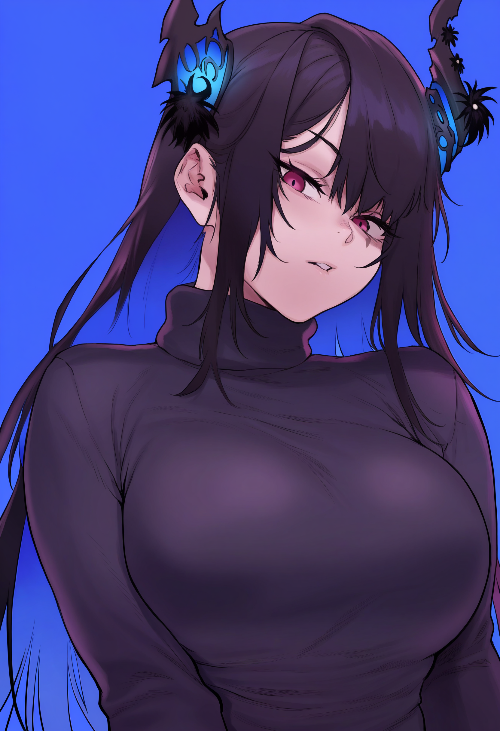 1girl, solo, nerissa ravencroft, black sweater, blue background, dark background, looking at viewer, 
masterpiece, best quality, <lora:kouya_toufu-guy90-Illust-Lycorisv1:1> ufuuok