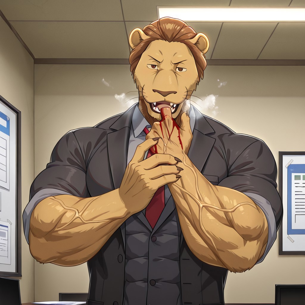 masterpiece, best quality, amazing quality, very aesthetic, absurdres, newest, high quality, detailed, male, solo male, 1boy, MayorBeastars, anthro, lion, mature male, athletic build, muscle body, muscle biceps, muscle chest, abs, upper body, brown eyes, brown hair, long hair, animal ears, broad shoulders, red tie, gray shirt, black suit jacket,open mouth, sharp fangs, office, looking at viewer, smiling, volumetric lighting, smug grin, hyper pecs, muscle veins, heavy breathing, steam, sharp fangs, saber tooths, licking his hand, bloody face, bloody hand, extrem steam coming from his muscles