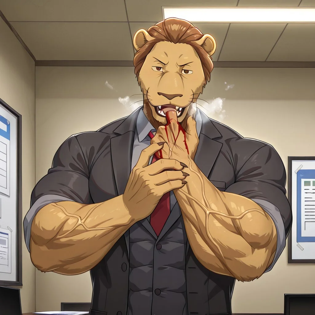 masterpiece, best quality, amazing quality, very aesthetic, absurdres, newest, high quality, detailed, male, solo male, 1boy, MayorBeastars, anthro, lion, mature male, athletic build, muscle body, muscle biceps, muscle chest, abs, upper body, brown eyes, brown hair, long hair, animal ears, broad shoulders, red tie, gray shirt, black suit jacket,open mouth, sharp fangs, office, looking at viewer, smiling, volumetric lighting, smug grin, hyper pecs, muscle veins, heavy breathing, steam, sharp fangs, saber tooths, licking his hand, bloody face, bloody hand, extrem steam coming from his muscles