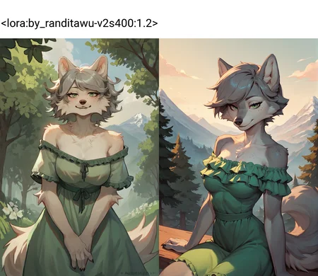 score_9, score_8_up, score_7_up, female, furry, solo, wolf, grey fur, freckles, short grey hair, swept bangs, green eyes, frilled green dress, off shoulder, looking at viewer, bedroom eyes, breasts, trees, mountain, <lora:by_randitawu-v2s400:1.2>
