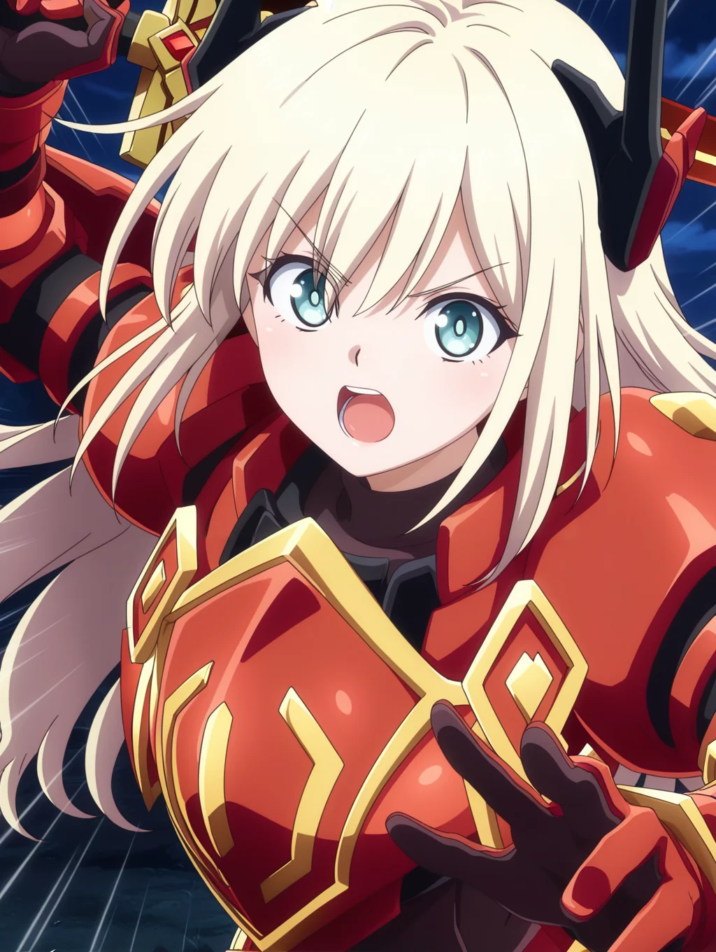 tv style, anime coloring, sky striker ace - raye, red power armor, mecha musume, official alternate costume, 1girl, solo, open mouth, looking at viewer, parody, red huge sword, v-shaped eyebrows, upper body, black bodysuit, red headgear, red sword wings, red armored gloves, red breastplate, weapon over shoulder, fighting stance, motion lines,
masterpiece,best quality,amazing quality,very aesthetic,absurdres,newest,<lora:Sky striker ace - kagari illusXL v1:0.7>,