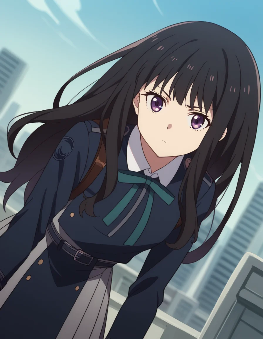score_9, score_8_up, score_7_up, source_anime,
takinainoue, <lora:takina-inoue-s1-ponyxl-lora-nochekaiser:1>,
inoue takina, long hair, bangs, black hair, purple eyes,
shirt, long sleeves, dress, ribbon, school uniform, white shirt, collared shirt, belt, neck ribbon, blue dress, green ribbon, pleated dress, grey dress, two-tone dress, blue belt, lycoris uniform,
outdoors, cityscape, bent over,
looking at viewer, cowboy shot, dutch angle, solo,