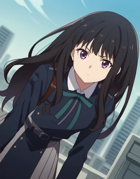 score_9, score_8_up, score_7_up, source_anime,
takinainoue, <lora:takina-inoue-s1-ponyxl-lora-nochekaiser:1>,
inoue takina, long hair, bangs, black hair, purple eyes,
shirt, long sleeves, dress, ribbon, school uniform, white shirt, collared shirt, belt, neck ribbon, blue dress, green ribbon, pleated dress, grey dress, two-tone dress, blue belt, lycoris uniform,
outdoors, cityscape, bent over,
looking at viewer, cowboy shot, dutch angle, solo,