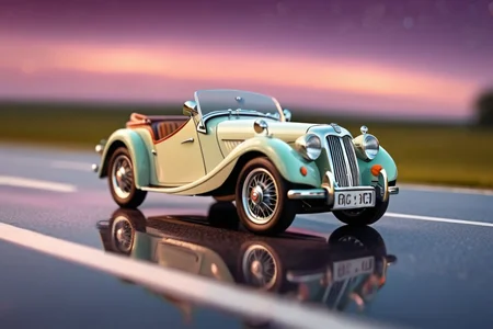 Billy's Vintage Car, MG TC car, Classic British roadster. Small, sporty, and very charming. . glassy reflective road, glassy clean landscape, best bright night, aurora, motion blur, raining warm weather, sleek driving, high-octane, high-definition