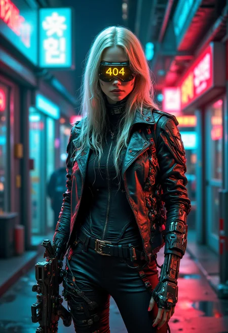 Cyberpunk highly detailed, high-resolution photograph, recypu style.

A Cyberpunk female character in a futuristic cyberpunk setting. The woman stands in the center, wearing a black leather jacket with red accents, black pants, and a black shirt beneath. She has long, straight blonde hair that flows behind her, and her skin tone appears pale. Her face is partially obscured by a futuristic, neon yellow visor with the words "404 ERROR" prominently displayed. She holds the visor in her right hand, with a confident and slightly mischievous expression.

Her outfit includes numerous straps and harnesses, adding to the cyberpunk aesthetic. The background is a dimly lit urban alleyway with neon signs in various languages, primarily Korean, illuminating the scene in a mix of blue, red, and white hues. The signs are in a mix of Korean and English, with phrases like "404 ERROR" and "BROKEN" visible. The environment is gritty, with a sense of technological decay, and the overall color palette is a blend of cool blues and dark grays.

In the lower left corner, a futuristic handgun is visible, held in her left hand, adding to the cyberpunk theme. The artwork combines elements of science fiction, fashion, and technology, creating a visually striking and immersive