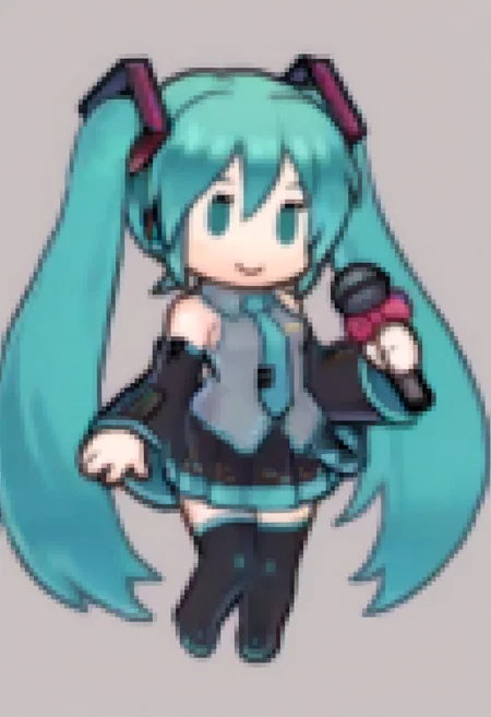 masterpiece, best quality, solo, 1girl, smile, <lora:Feh-Sprites-illus_Fp:1>, chibi, full body, simple background,hatsune miku, holding microphone,