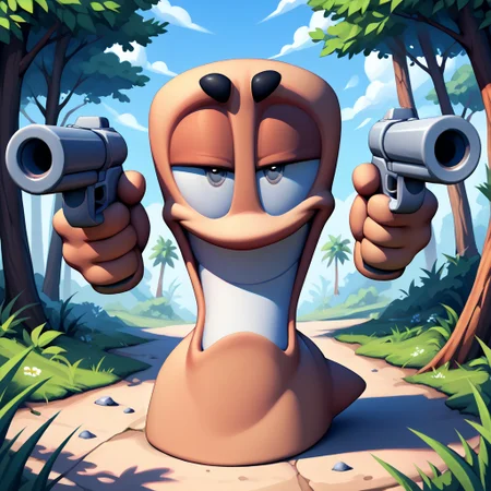 score_9, score_8_up, score_7_up, score_6_up, score_5_up, score_4_up, source_furry, BREAK, detailed face eyes, wormsteam17, wormrender, worm, w3drender, solo, looking at viewer, (half-closed eyes), grey eyes, smug, (grin), 2 floating black eyebrows, worm hands, dual wield, holding guns, aiming at viewer, smooth worm body, worm tail, dutch angle, closeup, BREAK, outdoors, nature, forest