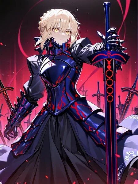 1girl, saber alter, weapon, artoria pendragon \(fate\), armor, sword, excalibur morgan \(fate\), solo, armored dress, holding sword, holding weapon, holding, blonde hair, gauntlets, yellow eyes, dress, breastplate, braid
,masterpiece,best quality,newest,absurdres,highres,very awa,
