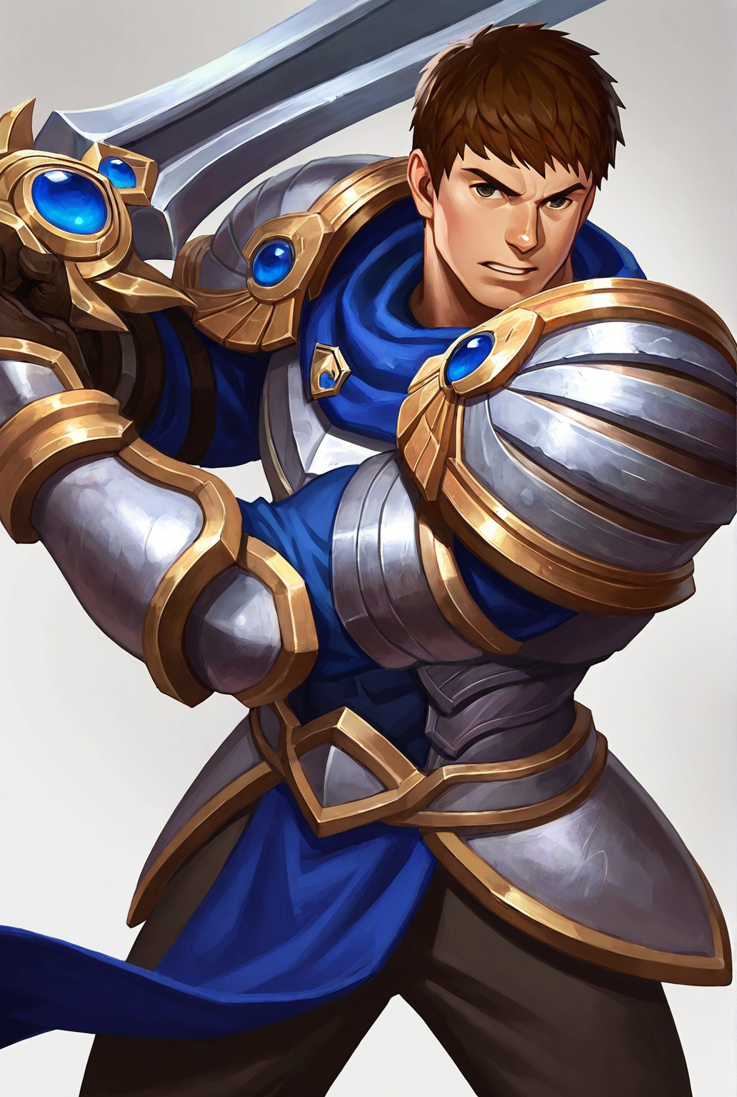 score_9,score_8_up,score_7_up,male focus,ultra-detailed,high resolution,digital painting,8k,1boy,solo,cowboy shot,male focus,detailed face,bara,armor,brown hair,shoulder armor,pauldrons,gloves,short hair,pants,muscular,holding weapon,sword,<lora:add-detail-xl:1>,<lora:Garen LOL:0.7>,garen lol,