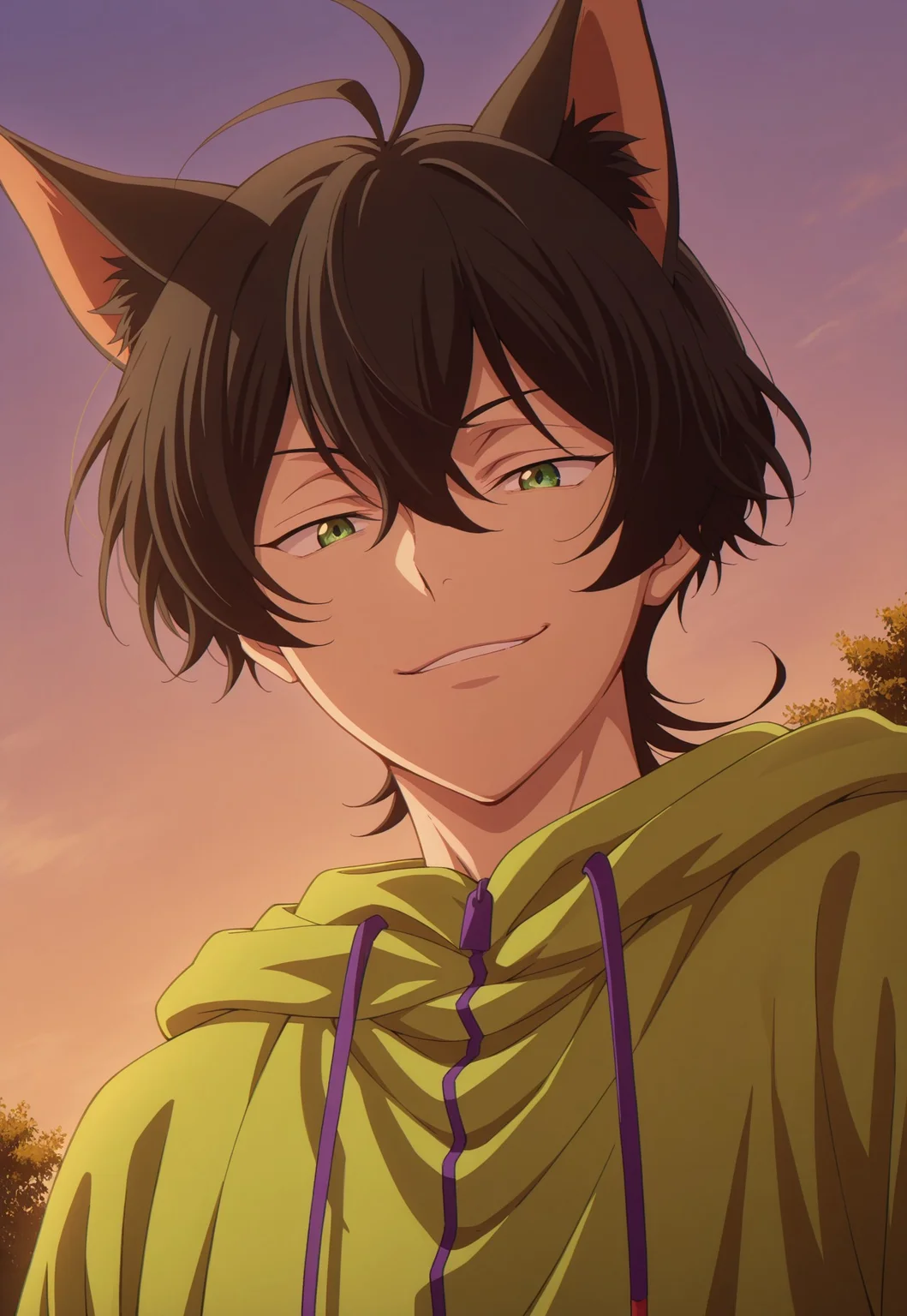 masterpiece,best quality,amazing quality, detailed details, shaded, detailed shading, detailed skin, shaded skin, realistic shading, countershading:1.1, outdoors, evening, low angle view, close-up, 1boy, solo, miya_(sk8), Miya Chinen, black hair, green eyes, casual clothes, hood, green hoodie, hood ears, looking at viewer, smirk