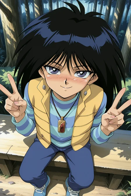 masterpiece,best quality,amazing quality, MokubaKaibaYGOILXL, 1boy, retro artstyle, grey eyes, black hair, long hair, bangs, flat chest, necklace, yellow vest, blue shirt, striped shirt, blue pants, blue shoes, solo, sitting, above view, peace sign, v, seductive smile, looking at viewer, naughty face, nose blush, forest, tree <lora:MokubaKaibaYGOILXL:1>