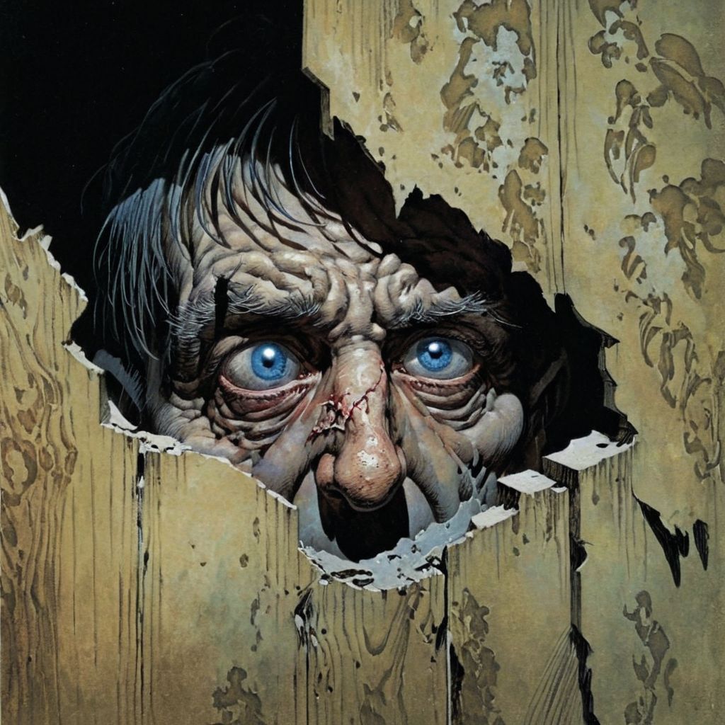 color illustration in berniewrightson style, extremely detailed, masterpiece, tenebrism, high contrast, 
"The Tell-Tale Heart": Close-up of a bloodshot, dilated eye peering through a narrow crack in a dimly lit, decrepit room. The eye is surrounded by wrinkled, pale skin, conveying intense focus and madness. Faint moonlight filters through dusty curtains, casting eerie shadows across the room's peeling wallpaper and worn floorboards. A glint of metal from an old lantern is visible in the reflection of the eye.
  <lora:BernieWrightson_Style_XL_V4.1:0.7>