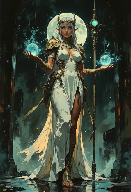 intricate linework with expressive contrasts, soft lighting with dynamic highlights. The central figure is a tall, slender, and voluptuous adult elf woman with long, flowing white hair and pointed, elf-like ears. She is dressed in a flowing, white, elegant gown that is adorned with intricate gold accents, including a high collar, shoulder pads, and thigh-high slits. The dress is open in the front, revealing her ample breasts and curvaceous hips. She wears a gold crown adorned with blue gemstones, and her expression is serene yet powerful, with a hint of a mysterious smile. In her right hand, she holds a long, ornate staff topped with a glowing blue orb, indicating her magical abilities. The staff has intricate gold detailing and a blue gem at its base, matching the crown. Her left hand the is a blue fire ball. The background is a dark, almost black, gradient, enhancing the brightness of her attire and the glowing blue magical elements. The ground beneath her is a reflective, dark surface, creating a sense of depth and mystery. The overall atmosphere is one of ethereal beauty and magical power, with a blend of fantasy and medieval influences. Impressionistic, ligne claire outlines for clarity and structure, In the style of ff-td, moon in the background