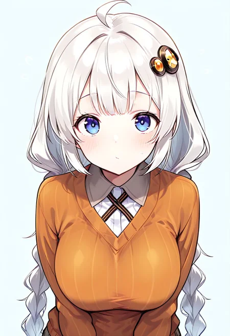 ((((((masterpiece)))))), ((((((best quality)))))), ((((((very aesthetic)))))), ((((((absurdres)))))), masterpiece, best quality, absurdres, facing viewer,
1girl, Kizuna Akari, white hair, blue eyes, braid,