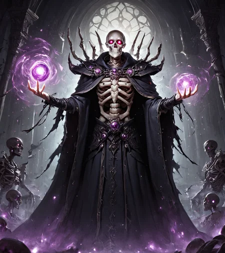 score_9, score_8_up, score_7_up, zPDXL, Skeletal necromancer with ivory skin and hollow eye sockets filled with ghostly light. Wearing a cloak made of intricately woven small bones and sinew. Molding a colossal bone golem in a vast ossuary, surrounded by floating skulls and animated skeletons, necromancy, magic, action shot, ,orbstaff,<lora:XL_Weapon_Orbstaff_-_By_HailoKnight:0.8>,,realistic, realism, highly detailed, perfect quality, high quality, photorealistic, <lora:Concept Art Twilight Style SDXL_LoRA_Pony Diffusion V6 XL:0.8>, <lora:sinfully_stylish_SDXL><lora:hand4:0.8><lora:Expressive_H-000001:0.8>