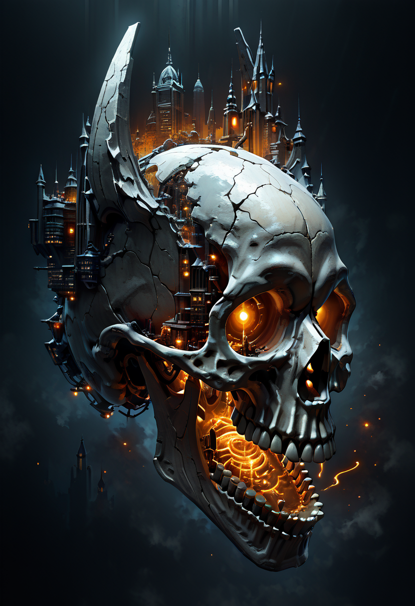 masterpiece, best quality, no humans,   ,<lora:SkullWorld_IXL:0.7>,  zzSkullWorld, a colossal, skull-shaped structure floating in the depths of space, with a sprawling cityscape built across the top of its jagged, bony surface. The city is a haunting fusion of gothic architecture and futuristic design, with towering spires, arcane towers, and massive bridges that stretch across the skullâs eye sockets and hollowed features. The buildings are constructed from dark, metallic materials, some polished to a mirror-like finish, while others are weathered and cracked, giving the city an ancient, dystopian vibe. Neon lights pulse from the windows of the structures, casting a ghostly glow that flickers through the cracks of the skullâs surface. The city is alive, with flying vehicles weaving between the towers, their engines leaving trails of light as they navigate the eerie landscape. In the distance, enormous statues of ancient gods and monstrous figures stand guard over the city, their eyes glowing like lanterns. Above, the stars form a shimmering backdrop, while around the city, a network of glowing energy fields provides power to the metropolis, flickering like veins of light running through the skull. The skullâs eye sockets glow with a deep, ominous hue, casting an unsettling light over the entire city, while the cityâs streets bustle with life and shadowy figures moving in and out of the alleys. This towering, otherworldly city seems to pulsate with dark energy, as if the skull itself is alive and watching, ever aware of the activity on its surface.