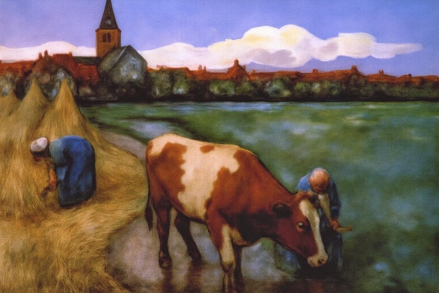 pietmondrian1 painting.
A cow grazes near water, with two people working near hay bales. A village with a church tower and a crescent moon is in the background. <lora:pietmondrian1_cap_d8a4e11:1.0><lora:860662244315237048:0>