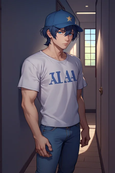 score_9, score_8_up, score_7_up, score_6_up, source_anime, 1boy, male focus, solo <lora:mbyleth-pdxl-nvwls-v1-000005:1> defmByl, dark blue hair, short hair, blue eyes, hair between eyes, white t-shirt, baseball cap, jeans, looking at you, expressionless, hallway
