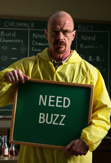 1man solo, Breaking bad, holding board, text "Need Buzz", word "Ne" in chemistry style box, word "B" in chemistry style box