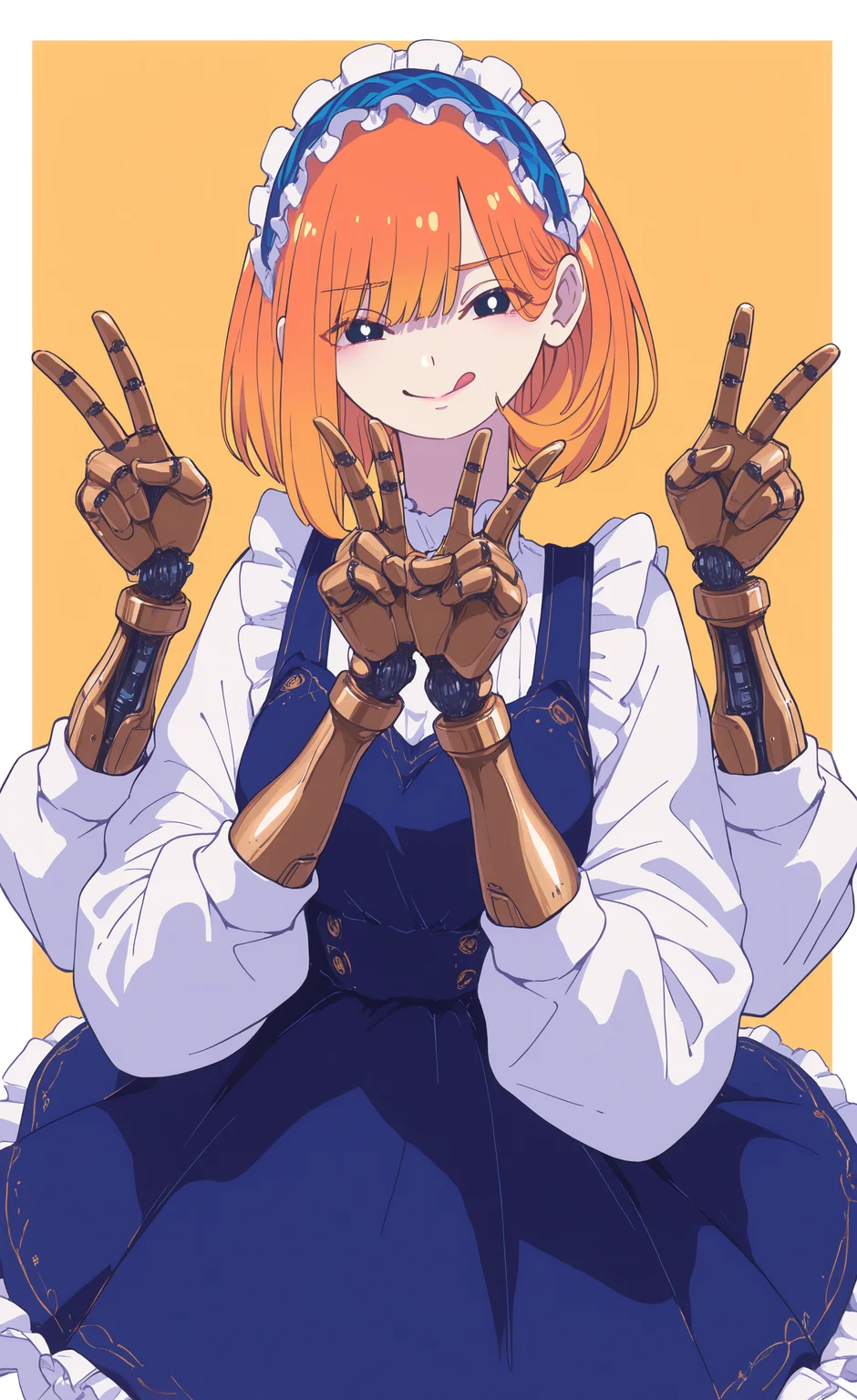 masterpiece, best quality, good quality, very awa, very aesthetic, absurdres, newest, 1girl, solo, looking at viewer, smile, short hair, blonde hair, long sleeves, dress, white shirt, frills, hairband, tongue, tongue out, white dress, orange hair, black eyes, hands up, sleeveless dress, v, blue dress, border, frilled dress, bright pupils, white border, yellow background, white pupils, :q, double v, blue hairband, mechanical arms, frilled hairband, extra arms, single mechanical arm, 240_mado,
Flatline, Flat vector illustration <lora:NOOB_vp1_detailer_by_volnovik_v1:0.3> <lora:NOOB_vp1_detailer_by_volnovik_v1:0.3> <lora:ponyv6_noobV1_2_adamW-000017:0.7> <lora:XXX667:0.4> <lora:checkpoint-e18_s306:1.2> <lora:240_mado_ill:1>