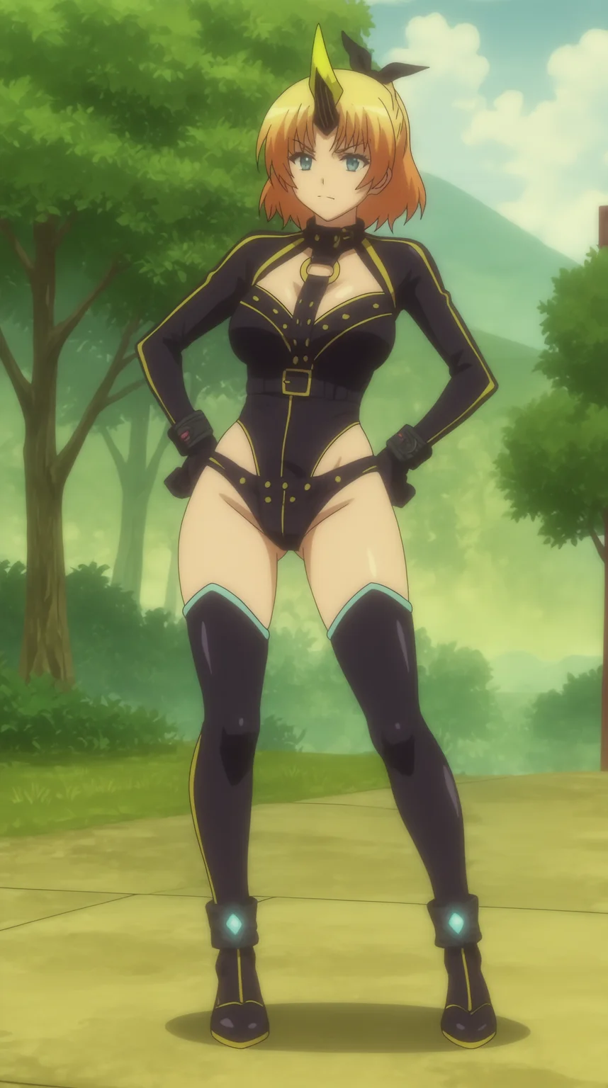 score_9, score_8_up, score_7_up,anime_source, source_anime, best background, detailed background, anime screencap, 4k, upscale, Iria Fukumune, Demon Outfit, solo, full body, hand on hips, outdoors, <lora:JN_Iria_Fukumune_Pony:0.8>