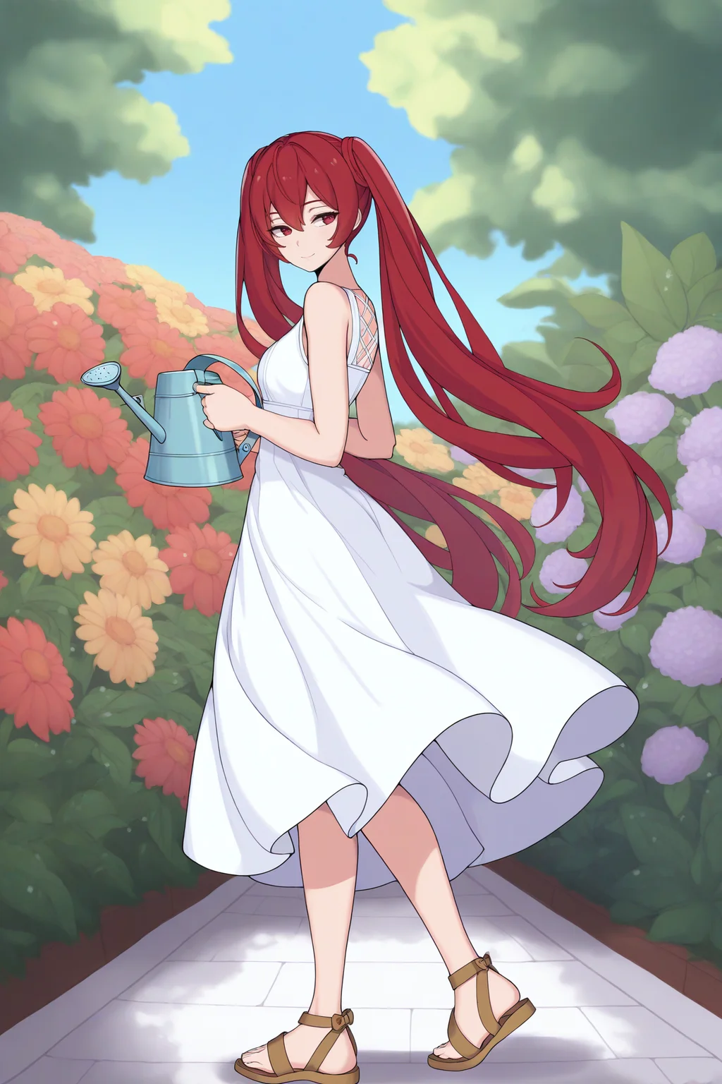 masterpiece, best quality, 1girl, solo, <lora:fesevera-illu-nvwls-v1-000006:1> serabase, red hair, twintails, very long hair, hair between eyes, red eyes, white sundress, sandals, holding watering can, flowers, garden, looking to the side, blue sky, smile, full body