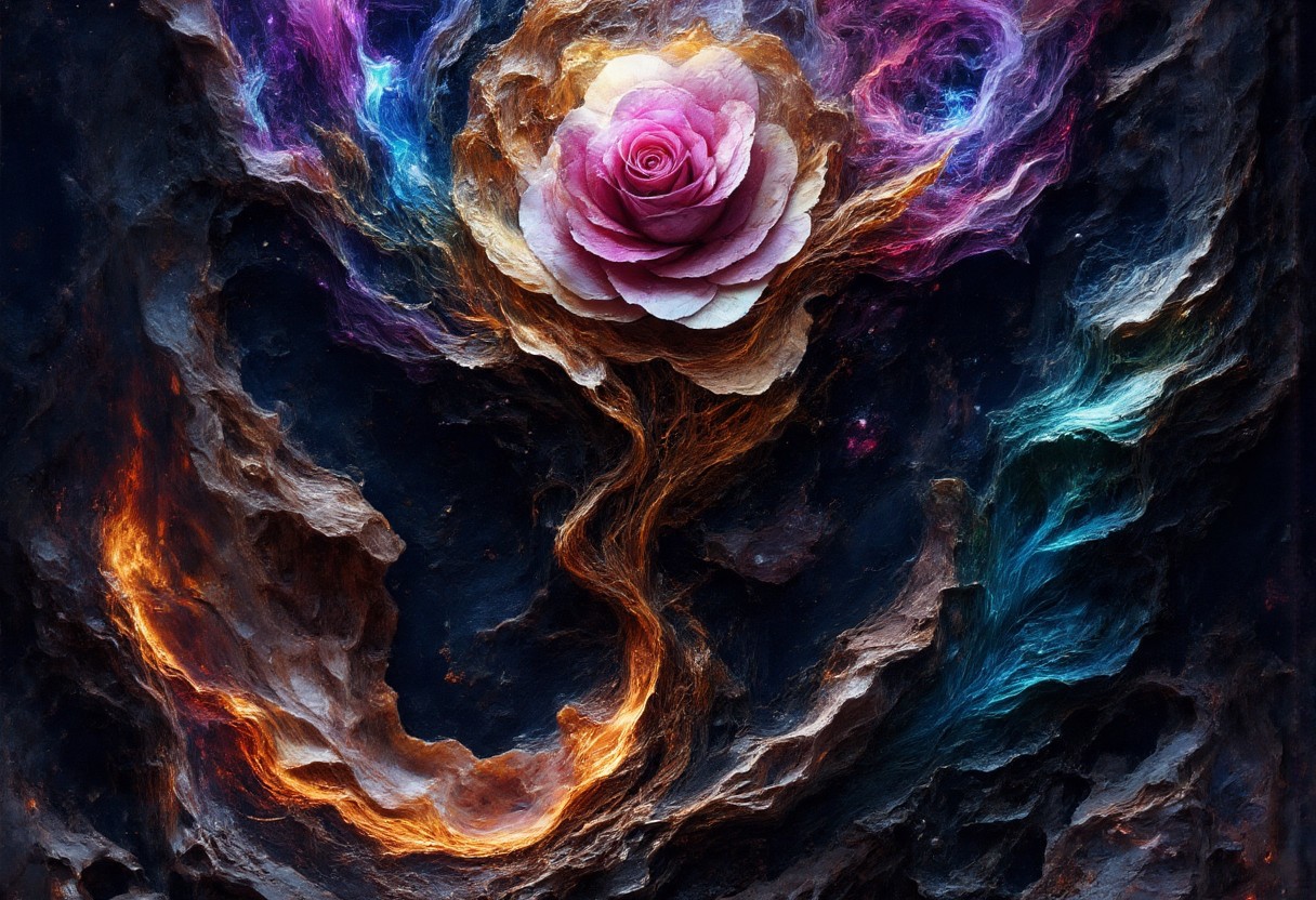 Ultra-realistic 8K resolution, Octane render, Unreal Engine 5 masterpiece, dark academia aesthetic, enchanted glass terrarium containing: one hybrid heliotrope-roses with translucent ruby gemstone petals (vitreous refraction), metallic obsidian stems (bioluminescent vascular system), liquid mercury dewdrops suspended mid-fall, spiral cerulean nebula core emitting plasma tendrils, fractured amber glass veins pulsing with trapped starlight, quantum foam escaping through dimensional cracks, non-Euclidean spacetime geometry, vantablack void background with gravitational lensing distortion, chrono-crystalline lattice framework, volumetric photon mapping event horizon glow, subsurface scattering in petal nanostructures, temporal anomaly causing timeline overlaps, hyperdetailed microbiology under gemstone epidermis, gothic biodigitalpunk style blending Zdzisław Beksiński and Ernst Haeckel, photorealistic macro photography meets celestial cartography, trending on ArtStation --ar 16:9 --v 6.0 --no cartoonish, flat colors, symmetry, human elements