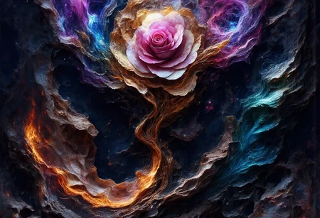 Ultra-realistic 8K resolution, Octane render, Unreal Engine 5 masterpiece, dark academia aesthetic, enchanted glass terrarium containing: one hybrid heliotrope-roses with translucent ruby gemstone petals (vitreous refraction), metallic obsidian stems (bioluminescent vascular system), liquid mercury dewdrops suspended mid-fall, spiral cerulean nebula core emitting plasma tendrils, fractured amber glass veins pulsing with trapped starlight, quantum foam escaping through dimensional cracks, non-Euclidean spacetime geometry, vantablack void background with gravitational lensing distortion, chrono-crystalline lattice framework, volumetric photon mapping event horizon glow, subsurface scattering in petal nanostructures, temporal anomaly causing timeline overlaps, hyperdetailed microbiology under gemstone epidermis, gothic biodigitalpunk style blending Zdzisław Beksiński and Ernst Haeckel, photorealistic macro photography meets celestial cartography, trending on ArtStation --ar 16:9 --v 6.0 --no cartoonish, flat colors, symmetry, human elements