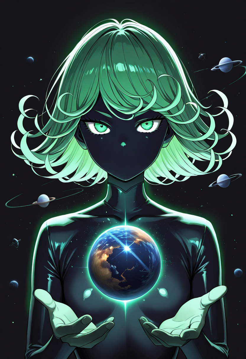 masterpiece, best quality,   solo, simple background, upper body, shiny, moon, black background, star (sky), light particles, 1other, space, planet, orb, galaxy, Tatsumaki    ,    <lora:Galaxium_IXL:1.0>,