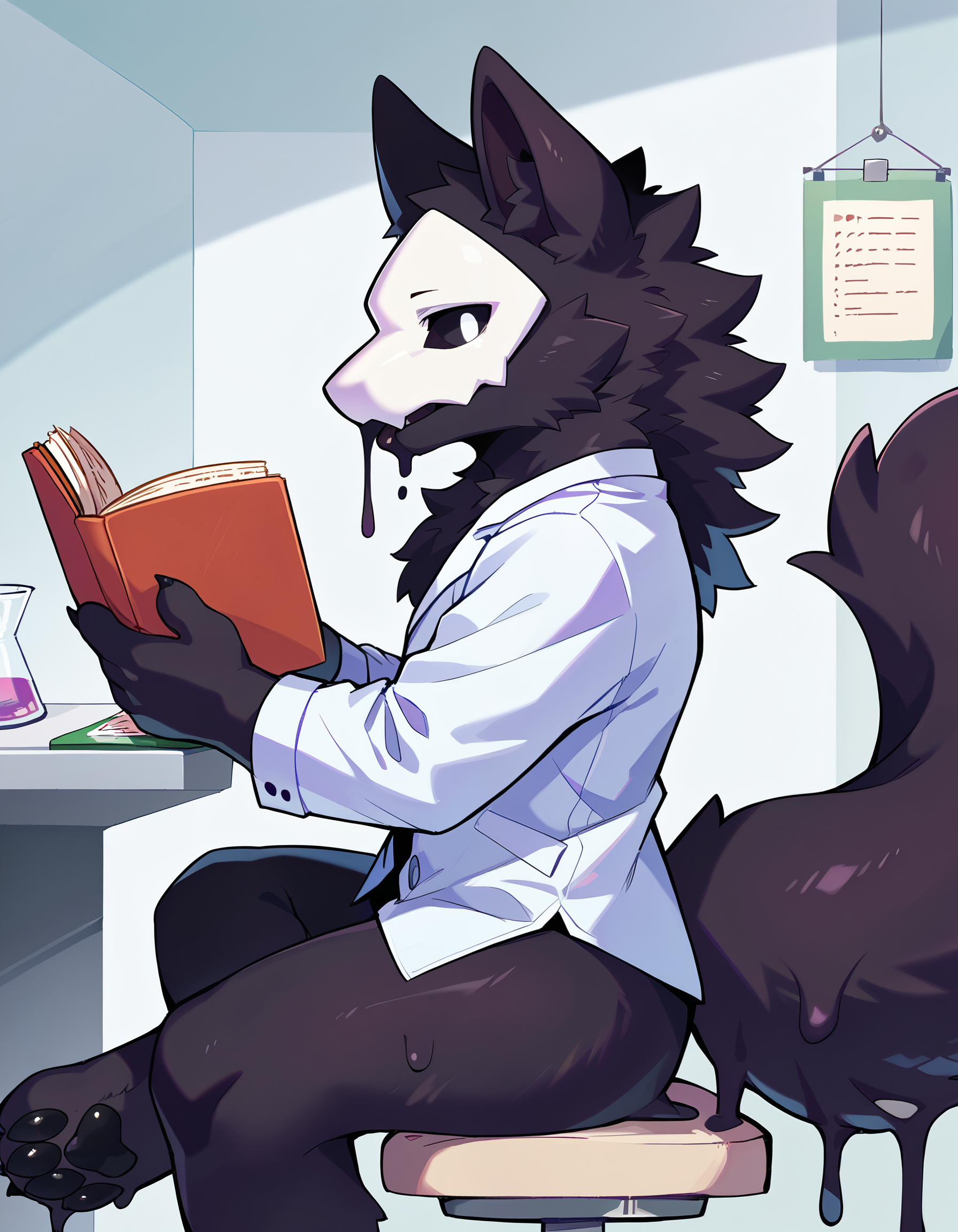 score_9, score_8_up, score_7_up, source_furry, furry, anthro, 1boy, solo, male, tail, animal ears, seductive, looking at viewer, detailed background, <lora:add-detail-xl.safetensors:1.0>, <lora:Puro_Changed.safetensors:1.0>, puro_changed, solo, black fur, mask, black body, anthro, solo, fur, white eyes, black sclera, colored sclera, black eyes, tail, animal ears, goo body, goo, expressive goo, blep, togue out, black pawpads, reading book, holding,  (from side, sitting , happy, lab, lab background:1.15)