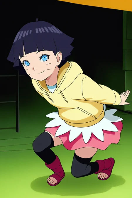 sharp focus, pixiv masterpiece, source_anime, score_9, score_8_up, score_7_up, score_6_up, absurd res, BREAK
<lora:Himawari_Uzumaki_IL_v1-000012:0.9>, 1girl, solo, dark_blue_hair, short_hair, yellow_hoodie, uzumaki_himawar1_illu, faint smile, hima-skirt, black stockings, (dark pink sandals:1), full body